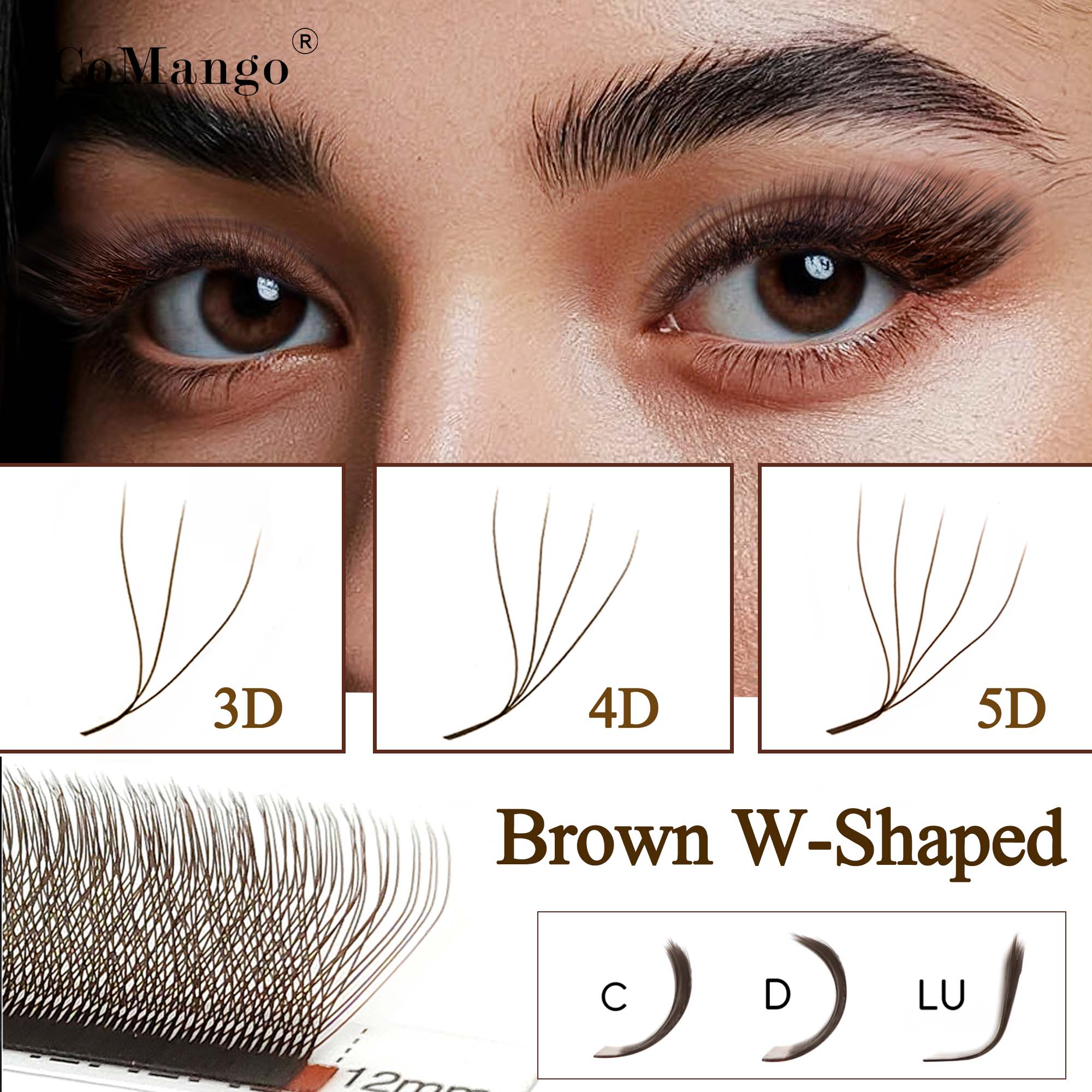 Eyelash Extension Volume Styles - CoMango C/D/LU braune 3D/4D/5D W-förmige Wimpernverlängerungen,